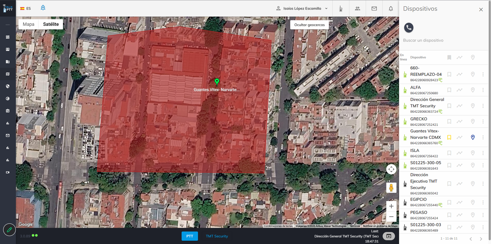 Captura real de la plataforma SIGI con geolocalización, geocerca y dispositivos supervisados